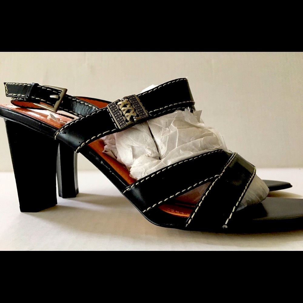 Tahari Women’s Black Leather Slingback 3” Heels Sz 8.5 Strappy Open Toe Sandal